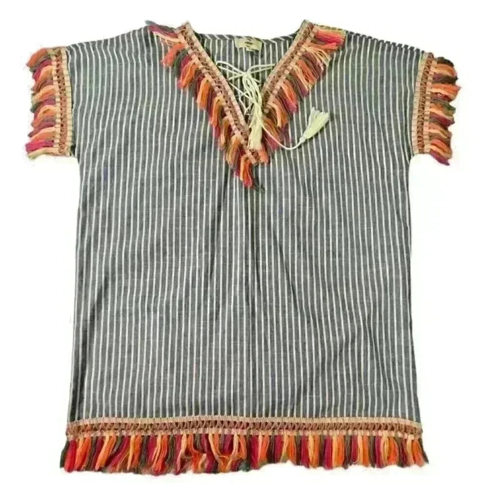 Entro Neon Fringe Striped Cover Up Dress Small Blue White Tassel Boho Beach